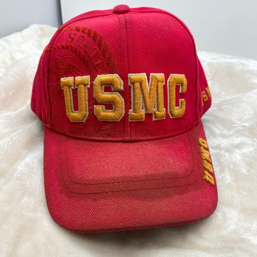 VTG USMC UNITED STATES MARINES RED GOLD EMBROIDERED SANTO BASEBALL CAP HAT